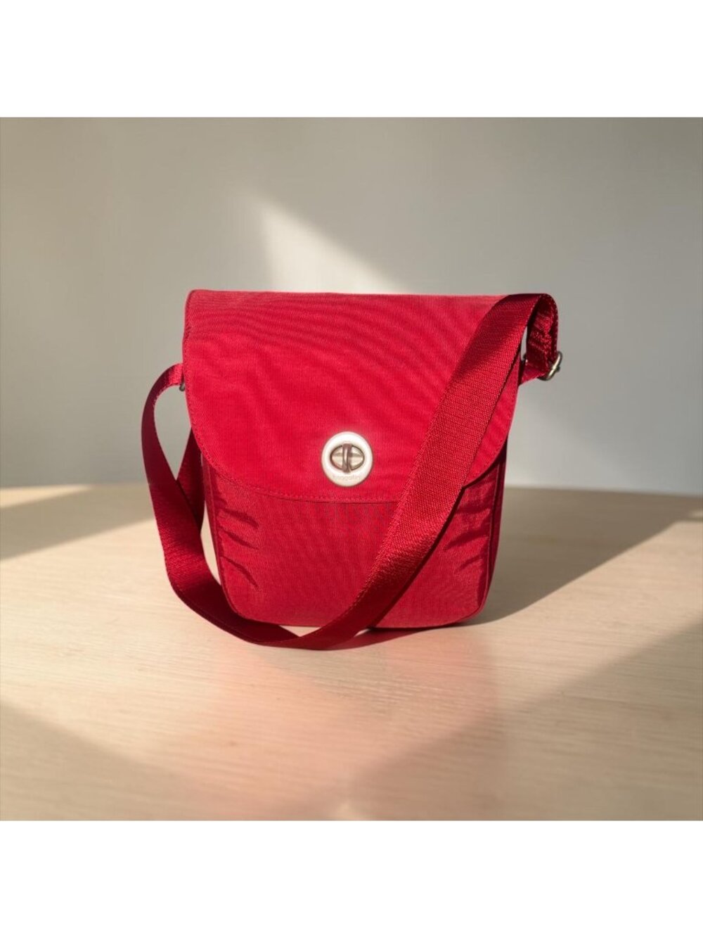 The Sak Turn Lock Crossbody Red Nylon Organizer Travel Bag Adjustable Strap